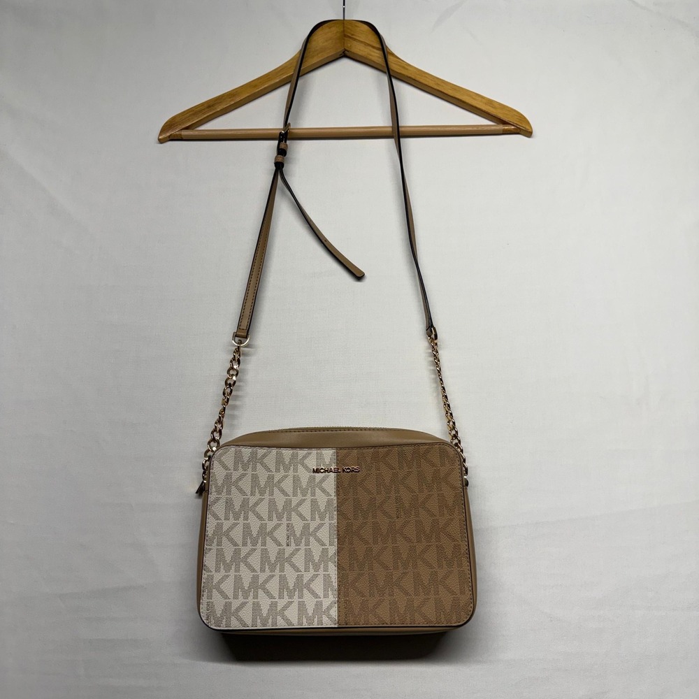 Michael Kors Neutral Colorblock MK Logo Crossbody Chain Purse Vanilla Camel - Picture 2 of 11